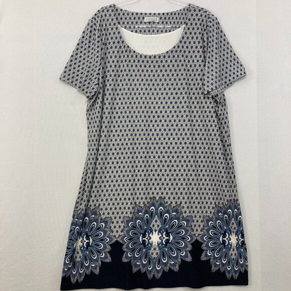 Estelle size 2X Blue White Floral Abstract Geometric Stretch Shift Dress - Picture 1 of 8